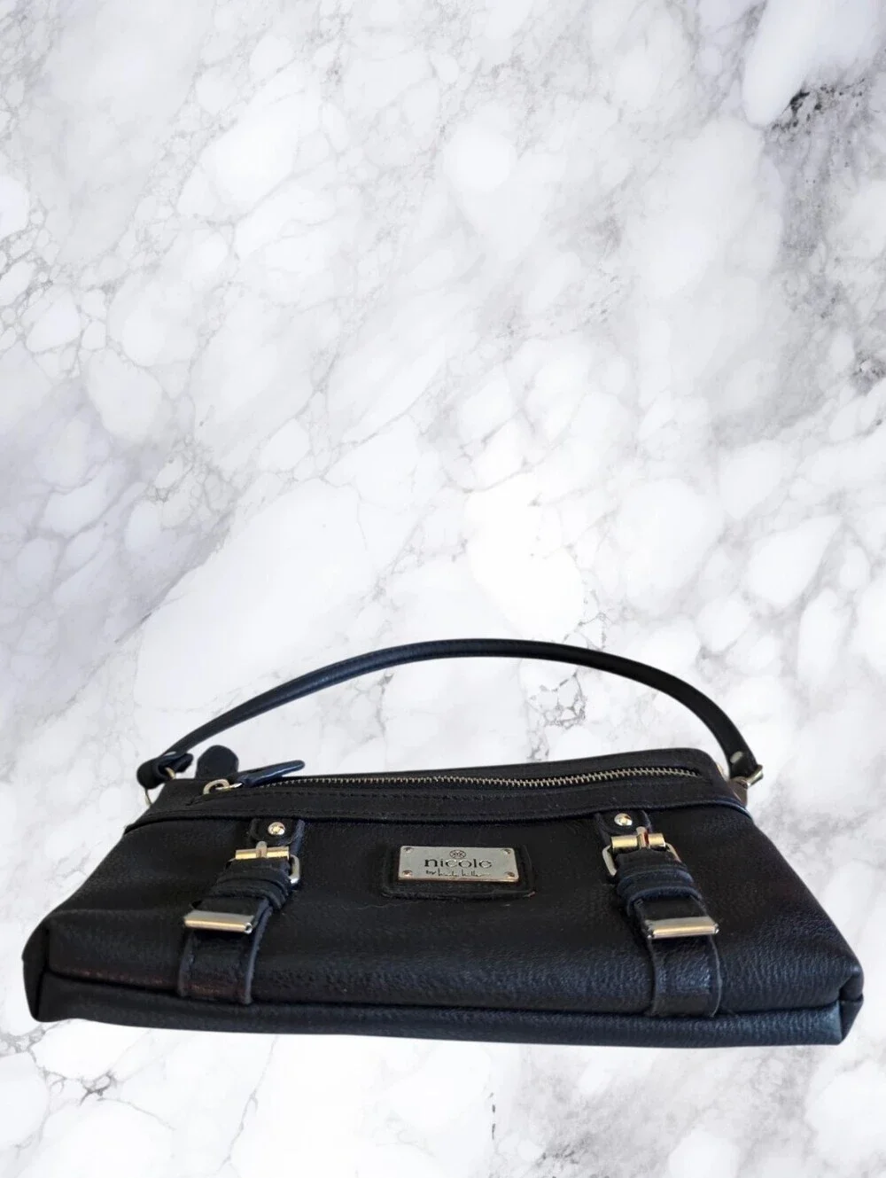 Nicole by Nicole Miller Black Mini Shoulder Bag Y2K Moto Buckle Wristlet